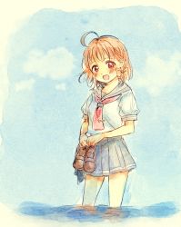 Rule 34 | 10s, 1girl, :d, ahoge, bad id, bad pixiv id, blush, bow, braid, brown footwear, cloud, day, grey sailor collar, grey skirt, hair bow, holding, holding shoes, kanarin97, loafers, love live!, love live! sunshine!!, neckerchief, open mouth, orange hair, outdoors, pleated skirt, red eyes, red neckerchief, sailor collar, school uniform, serafuku, shoes, short hair, short sleeves, side braid, skirt, smile, solo, standing, takami chika, tie clip, uranohoshi school uniform, wading, water, yellow bow