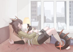 Rule 34 | 2girls, arkiwi, arknights, bedroom, between legs, black shorts, brown hair, commentary, cuddling, dragon girl, dragon horns, dragon tail, english commentary, feather hair, feathers, green sweater, highres, horns, hug, indoors, lamp, layered sleeves, long hair, long sleeves, multiple girls, on bed, pillow, saria (arknights), short over long sleeves, short sleeves, shorts, silence (arknights), sleeping, sleeping on person, snowing, sweater, tail, tail around another&#039;s leg, tail wrap, white hair, window, yuri