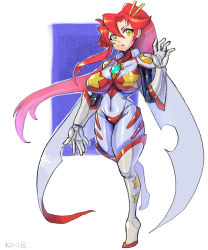 Rule 34 | 1girl, bodysuit, boots, breasts, cape, covered navel, full body, hair between eyes, hair ornament, hair stick, hand up, highres, large breasts, long hair, multicolored bodysuit, multicolored clothes, oomasa teikoku, parted lips, ponytail, red hair, solo, space yoko, tengen toppa gurren lagann, thigh boots, thighhighs, very long hair, walking, white footwear, yellow eyes, yoko littner
