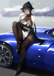Rule 34 | 1girl, arm under breasts, azur lane, bare shoulders, black footwear, black hair, black nails, black pantyhose, blurry, blurry background, blush, bow, breasts, bridal gauntlets, brown eyes, car, cleavage, cleavage cutout, clothing cutout, collarbone, finger to mouth, groin, hair bow, hand up, hayabusa, head tilt, highres, impossible clothes, knee up, large breasts, leaning against vehicle, leg up, leotard, logo, long hair, looking at viewer, motor vehicle, nail polish, navel cutout, on vehicle, pantyhose, ponytail, see-through, sidelocks, sitting, skindentation, solo, takao (azur lane), takao (full throttle charmer) (azur lane), very long hair, white bow, white leotard, yellow eyes