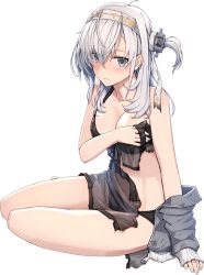 Rule 34 | 1girl, bare shoulders, bikini, black bikini, black headband, blush, breasts, cleavage, clothes writing, collarbone, covering privates, covering breasts, full body, grey jacket, hachimaki, hair between eyes, hair flaps, hairband, headband, jacket, kantai collection, large breasts, long hair, looking at viewer, official art, one side up, shizuma yoshinori, silver hair, solo, suzutsuki (kancolle), swimsuit, transparent background, white hairband