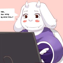 Rule 34 | 1girl, breasts, brown eyes, brown hair, computer, english text, female focus, grape jelly (artist), horns, open mouth, sheep, short hair, simple background, single horn, solo, toriel, translation request, undertale, upper body