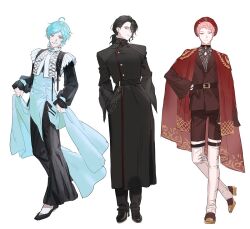 Rule 34 | 3boys, ahoge, belt, beret, black gloves, black hair, black pants, blue hair, boots, buckle, cape, chain, choker, collar, collared shirt, ensemble stars!, expressionless, flats, frilled collar, frilled sleeves, frills, gloves, green eyes, hand on own hip, hands in pockets, hat, high heel boots, high heels, itsuki shu, jacket, korean commentary, lifting own clothes, long hair, long sleeves, looking at viewer, multiple boys, pants, pink hair, ponytail, puffy long sleeves, puffy sleeves, red cape, red eyes, sakuma rei (ensemble stars!), shinkai kanata, shirt, short-sleeved jacket, short hair, short sleeves, simple background, smile, standing, standing on one leg, thigh boots, white background, wide sleeves, yongsil