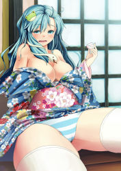 Rule 34 | 1girl, absurdres, bare shoulders, blush, bow, bow panties, breasts, choko (cup), cleavage, cup, drooling, drunk, female focus, floral print, foreshortening, frog hair ornament, hair ornament, highres, japanese clothes, kimono, kochiya sanae, kose takashi, large breasts, long hair, obi, off shoulder, panties, perspective, sash, snake hair ornament, solo, spread legs, striped clothes, striped panties, tears, thick thighs, thighhighs, thighs, touhou, underwear, zettai ryouiki