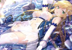 Rule 34 | 1girl, absurdres, arm up, azur lane, bare shoulders, blonde hair, blurry, blurry foreground, blush, bow, breasts, day, depth of field, detached sleeves, dress, forbin (azur lane), gloves, green eyes, hair between eyes, hair bow, hair bun, highres, huge filesize, large breasts, long sleeves, looking at viewer, lying, on back, outdoors, parted lips, ribbon, scan, shallow water, side bun, single hair bun, single side bun, sleeveless, sleeveless dress, solo, sunlight, thighhighs, torn clothes, torn dress, water, wet, wet clothes, wet legwear, white bow, white dress, white gloves, white ribbon, white sleeves, white thighhighs, yano mitsuki (nanairo)