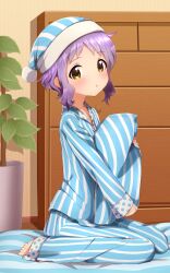 Rule 34 | 1girl, :o, absurdres, barefoot, blue hat, blue pajamas, blush, commentary request, futon, hat, highres, holding, holding pillow, homco, idolmaster, idolmaster million live!, indoors, long sleeves, looking at viewer, makabe mizuki, nightcap, pajamas, pillow, plant, potted plant, purple hair, short hair, sidelocks, sitting, solo, striped clothes, striped headwear, striped pajamas, wariza, wavy hair, yellow eyes