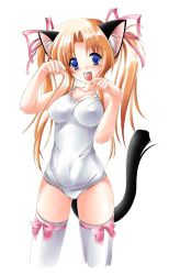 Rule 34 | 1girl, animal ears, breasts, cat ears, cat tail, hair ribbon, kamiya tomoe, large breasts, one-piece swimsuit, open mouth, original, ribbon, school swimsuit, solo, swimsuit, tail, thighhighs, twintails, white school swimsuit, white one-piece swimsuit