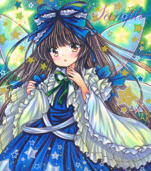 Rule 34 | 1girl, black hair, blue bow, blue dress, blush, bow, dress, fairy wings, green background, green bow, green neckwear, hands up, hime cut, long hair, long sleeves, looking at viewer, marker (medium), open mouth, rui (sugar3), sky, solo, star (sky), star (symbol), star sapphire, starry sky, touhou, traditional media, white sleeves, wings, yellow eyes