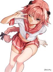 Rule 34 | 1boy, astolfo (fate), astolfo (sailor paladin) (fate), black bow, blush, bow, braid, closed mouth, collarbone, crop top, fate/apocrypha, fate/grand order, fate (series), hair between eyes, hair intakes, hand gesture, long braid, long hair, looking at viewer, low-tied long hair, male focus, multicolored hair, murio, neckerchief, official alternate costume, one eye closed, pink hair, pink neckerchief, pink sailor collar, pink skirt, pink thighhighs, pleated skirt, purple eyes, sailor collar, school uniform, serafuku, shirt, short sleeves, simple background, single braid, skirt, smile, solo, streaked hair, thighhighs, thighs, trap, v, white background, white hair, white shirt