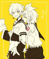 Rule 34 | 1boy, 1girl, bad id, bad pixiv id, blush, brother and sister, closed eyes, hair ornament, hairclip, headset, heart, kagamine len, kagamine rin, monochrome, necktie, open mouth, siblings, simple background, spot color, uni (ieatpockey), vocaloid, yellow background