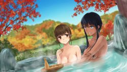 Rule 34 | 2girls, absurdres, artist name, autumn leaves, bathing, blue sky, breasts, brown eyes, brown hair, cleavage, commentary request, commission, completely nude, dark-skinned female, dark skin, day, grey eyes, hand on own arm, highres, holding own arm, large breasts, leaf, maple leaf, multiple girls, nude, onsen, original, outdoors, partially submerged, pixiv commission, same-sex bathing, setu kurokawa, shared bathing, short hair with long locks, sidelocks, sky, smile, steam, twitter username, water, watermark