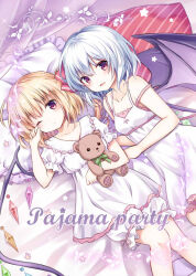 Rule 34 | 2girls, alternate costume, bare shoulders, bat wings, bed sheet, bedroom, blonde hair, bloomers, blue hair, bra, breasts, collarbone, comiket 93, commentary, crystal, english commentary, english text, feet out of frame, flandre scarlet, from above, hair between eyes, holding, holding stuffed toy, indoors, kure~pu, looking at viewer, lying, medium hair, multicolored wings, multiple girls, no headwear, on bed, on side, one eye closed, pajamas, pillow, pink bra, puffy short sleeves, puffy sleeves, red eyes, remilia scarlet, short sleeves, siblings, sisters, small breasts, stuffed animal, stuffed toy, teddy bear, touhou, underwear, white bloomers, white pajamas, wings