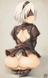 Rule 34 | 1girl, 2b (nier:automata), android, artist request, ass, back, back cutout, bad id, bad pixiv id, black dress, black hairband, black legwear, blindfold, clothing cutout, dress, from behind, gloves, hairband, highres, huge ass, kazetuki, kneeling, nier:automata, nier (series), parted lips, shiny clothes, shiny skin, short hair, solo, thong, white hair