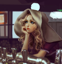 Rule 34 | 1girl, bar (place), blonde hair, blurry, head rest, closed mouth, commentary, depth of field, eyelashes, freckles, from side, hat, highres, indoors, lemon cat, lipstick, long hair, looking afar, looking away, makeup, mascara, original, photo-referenced, pink lips, realistic, shirt, short sleeves, signature, solo, sun hat, upper body, wavy hair