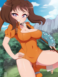 Rule 34 | 1girl, absurdres, blue sky, boots, branch, breasts, brown hair, cleavage, diane (nanatsu no taizai), giant, giantess, grass, highres, iryanic, large breasts, leotard, long hair, nanatsu no taizai, purple eyes, short sleeves, sky, twintails