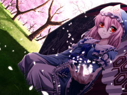 Rule 34 | 1girl, blush, cherry blossoms, dutch angle, female focus, frills, goshoguruma, grass, hat, honeycomb pattern, japanese clothes, looking at viewer, mob cap, outdoors, pink hair, red eyes, saigyouji yuyuko, saigyouji yuyuko&#039;s fan design, shippou (pattern), short hair, sitting, smile, solo, spring (season), touhou, triangular headpiece, uraomote, wide sleeves