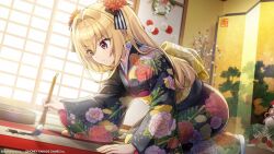 Rule 34 | blonde hair, calligraphy brush, dolphin wave, highres, japanese clothes, kazami ellen, kimono, new year, official art, paintbrush, red eyes, sliding doors, tagme
