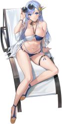 Rule 34 | 1girl, adjusting eyewear, azur lane, bare shoulders, beach chair, bikini, blue bikini, blue eyes, blue hair, blush, bracelet, breasts, character name, choker, cleavage, closed mouth, collarbone, copyright name, expressions, eyewear on head, flower, gluteal fold, hair flower, hair ornament, hand on eyewear, highres, jewelry, large breasts, long hair, looking at viewer, mole, mole on thigh, multi-strapped bikini, multicolored bikini, multicolored clothes, navel, official alternate costume, official art, sandals, see-through, see-through sleeves, skindentation, smile, solo, stomach, sunglasses, swimsuit, thigh strap, thighs, ticonderoga (azur lane), ticonderoga (sunshine princess) (azur lane), tomohiro kai, transparent background, tree, two-tone bikini, white bikini