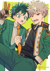 Rule 34 | 2boys, alternate hair color, bakugou katsuki, belt, belt buckle, black belt, black shirt, blonde hair, boku no hero academia, bright pupils, buckle, buttons, collared shirt, colored eyelashes, dress shirt, formal, freckles, gloves, green background, green hair, green jacket, green pants, green suit, grey shirt, hand in pocket, hand up, high collar, highres, jacket, lapels, leaning forward, leg up, long sleeves, looking at viewer, looking to the side, male focus, midoriya izuku, multicolored hair, multiple boys, necktie, necktie grab, neckwear grab, notched lapels, official alternate costume, open collar, open mouth, orange necktie, outside border, pants, pixiv id, pixiv logo, pose request, purple hair, red eyes, shirt, short eyebrows, short hair, side-by-side, sideways glance, slit pupils, spiked hair, streaked hair, suit, twitter logo, twitter username, ume (326310), v, v-shaped eyebrows, white pupils, wing collar