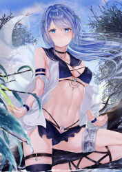 Rule 34 | 1girl, absurdres, black choker, black sailor collar, black skirt, blue eyes, blue hair, blue sky, blurry, braid, breasts, bush, choker, cleavage, cloud, collarbone, day, depth of field, floating hair, highres, leaf, long hair, looking at viewer, medium breasts, meen (ouaughikepdvrsf), miniskirt, navel, open clothes, open shirt, original, outdoors, parted lips, pleated skirt, sailor collar, shirt, skirt, sky, solo, stomach, thigh strap, underboob, veil, white shirt