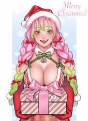 Rule 34 | 1girl, absurdres, bell, bikini, bow, box, braid, breasts, choker, christmas, cleavage, eyelashes, fur trim, gift, gift box, gloves, gradient hair, green bow, green eyes, green hair, hair bow, hat, highres, kanroji mitsuri, kimetsu no yaiba, large breasts, long hair, looking at viewer, merry christmas, mole, mole under eye, multicolored hair, neck bell, open mouth, pink hair, pom pom (clothes), red bikini, red bow, red gloves, red lips, red skirt, sack, santa hat, skirt, smile, snowflake print, solo, swimsuit, toumeimei, tri braids