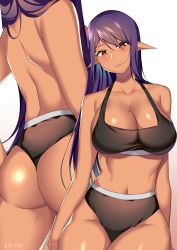 Rule 34 | 1girl, absurdres, ass, back, bare arms, bare shoulders, black shirt, breasts, brown eyes, cleavage, closed mouth, collarbone, commentary request, crop top, dark-skinned female, dark elf, dark skin, elf, from behind, hair between eyes, halterneck, highres, j.moon, large breasts, long hair, midriff, mole, mole on breast, mole under mouth, multiple views, navel, original, pointy ears, purple hair, revision, shirt, sports bra, standing, stomach, tan, thick thighs, thighs, toned