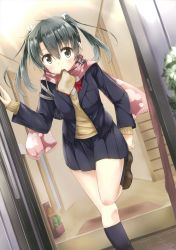 Rule 34 | 10s, 1girl, absurdres, alternate costume, black skirt, black socks, blazer, blush, bread slice, brown eyes, brown footwear, contemporary, doorway, dutch angle, food, food in mouth, hair ribbon, highres, hino (2nd life), jacket, kantai collection, kneehighs, leg up, loafers, looking at viewer, miniskirt, mouth hold, open door, pleated skirt, ribbon, scarf, school uniform, shoes, skirt, socks, solo, standing, standing on one leg, sweat, sweatdrop, toast, toast in mouth, twintails, zuikaku (kancolle)