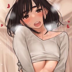 Rule 34 | 1girl, :d, breasts, brown eyes, brown hair, clothes lift, commentary, ganbare douki-chan, heart, heart-shaped pupils, heavy breathing, highres, implied sex, kouhai-chan (douki-chan), long hair, looking at viewer, lying, mole, mole on breast, mole on cheek, on back, open mouth, shirt lift, smile, solo, symbol-shaped pupils, thick eyebrows, underboob, yomu (sgt epper)