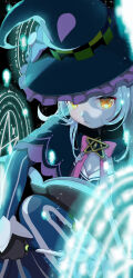Rule 34 | 1girl, black hat, book, closed mouth, dot nose, eyelashes, frilled headwear, hat, highres, holding, holding wand, hololive, light particles, long hair, looking at viewer, murasaki shion, open book, orange eyes, pale skin, pentagram, solo, sparkle, uxu uxa axa, virtual youtuber, wand, witch hat