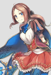 Rule 34 | 1girl, age nasuo, ahoge, arms behind back, black bow, blue cape, blue eyes, blue pantyhose, bow, brown hair, brown sleeves, cape, closed mouth, cowboy shot, fate (series), frilled sleeves, frills, grey background, hair bow, holding, holding staff, leaning forward, leonardo da vinci (fate), leonardo da vinci (fate/grand order), leonardo da vinci (rider) (fate), long hair, miniskirt, pantyhose, parted bangs, ponytail, red skirt, shirt, short sleeves, simple background, skirt, smile, solo, staff, standing, white shirt