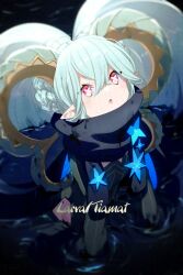 Rule 34 | 1girl, :o, aqua hair, black dress, black scarf, blush, braid, character name, commentary request, crossed bangs, crown braid, curled horns, dragon girl, dragon horns, dress, echo (circa), english text, fate/grand order, fate (series), horns, larva tiamat (fate), larva tiamat (second ascension) (fate), long hair, long horns, long sleeves, looking away, looking up, pink eyes, pointy ears, scarf, solo, symbol-shaped pupils, tiamat (fate), twintails, very long hair, x-shaped pupils