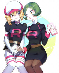 2girls blonde_hair blue_eyes creatures_(company) domino_(pokemon) game_freak gloves green_hair holding holding_phone looking_at_another multiple_girls nintendo open_mouth p_em phone pokemon pokemon_(anime) pokemon_(classic_anime) short_hair sitting team_rocket team_rocket_uniform wendy_(pokemon) white_footwear white_gloves