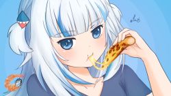 Rule 34 | 1girl, :t, artist logo, blue background, blue eyes, blue hair, blue shirt, blunt bangs, cheese, cheese trail, collarbone, dot nose, eating, fins, fish tail, food, gawr gura, grey hair, highres, holding, holding food, holding pizza, hololive, hololive english, holomyth, looking at viewer, medium hair, multicolored hair, otaku cheng, pizza, pizza slice, portrait, shark tail, shirt, short sleeves, sidelocks, signature, solo, streaked hair, tail, twitter username, two-tone hair, two side up, virtual youtuber