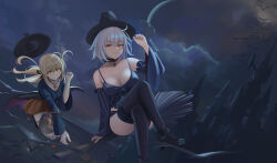Rule 34 | 2girls, absurdres, artoria pendragon (all), artoria pendragon (fate), bare shoulders, black headwear, blonde hair, breasts, broom, broom riding, cleavage, collarbone, fate/grand order, fate (series), grey hair, hat, highres, jeanne d&#039;arc alter (avenger) (fate), jeanne d&#039;arc alter (fate), large breasts, long hair, looking at viewer, low ponytail, medium breasts, multiple girls, quatthro, saber alter, short hair, sidelocks, witch hat, yellow eyes