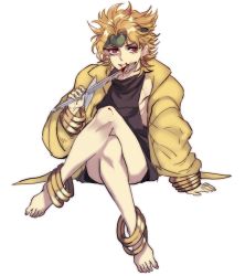 Rule 34 | 1boy, age regression, anklet, barefoot, blonde hair, dagger, dio brando, hahihu1782, headband, heart, jewelry, jojo no kimyou na bouken, knife, lots of jewelry, male focus, oversized clothes, red eyes, solo, weapon, aged down