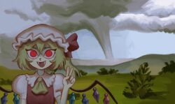Rule 34 | 1girl, :d, ascot, blonde hair, collared shirt, crossed bangs, fangs, flandre scarlet, flandrepudding, frilled shirt collar, frills, hat, highres, looking at viewer, mob cap, one side up, open mouth, puffy short sleeves, puffy sleeves, red eyes, red vest, shirt, short hair, short sleeves, smile, solid circle pupils, solo, tornado, touhou, tree, v, vest, white shirt, wings, yellow ascot