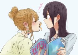 Rule 34 | 2girls, aihara mei, aihara yuzu, beige shirt, black hair, blonde hair, blue background, blue shirt, blush, book, bookmark, chips (food), citrus (saburouta), closed eyes, commentary request, ear blush, earrings, fingernails, food, glidesloe, hair bun, heart, highres, holding, holding book, inseki, jewelry, long hair, looking at another, mouth hold, multiple girls, potato chips, pringle duck, pringles, ring, shirt, sidelocks, simple background, single hair bun, upper body