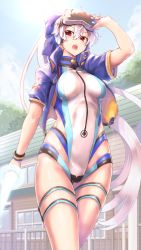 Rule 34 | 1girl, :o, adjusting goggles, ashina merou, blue bow, blue jacket, blue one-piece swimsuit, blue sky, bow, competition swimsuit, cropped jacket, energy sword, fate/grand order, fate (series), from below, goggles, goggles on head, hair between eyes, hair bow, head-mounted display, headphones, highleg, highleg swimsuit, highres, holding, holding sword, holding weapon, house, jacket, long hair, multicolored clothes, multicolored swimsuit, one-piece swimsuit, outdoors, ponytail, red eyes, short sleeves, silver hair, sky, solo, swimsuit, sword, thigh strap, tomoe gozen (fate), tomoe gozen (swimsuit saber) (fate), tomoe gozen (swimsuit saber) (first ascension) (fate), very long hair, weapon, white one-piece swimsuit