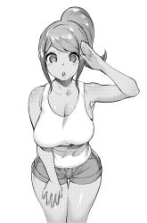 Rule 34 | 10s, 1girl, :o, asahina aoi, bad id, bad twitter id, bare shoulders, breasts, cleavage, danganronpa (series), dark skin, dark-skinned female, denim, denim shorts, detached sleeves, greyscale, highres, hip focus, large breasts, long hair, looking at viewer, monochrome, parted lips, ponytail, short hair, shorts, simple background, solo, tank top, thigh gap, thighs, white background, yzh chan