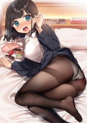 Rule 34 | 1girl, ass, bed sheet, black hair, blue eyes, blunt bangs, breasts, brown pantyhose, button gap, commentary request, highres, long sleeves, lying, medium breasts, mole, mole under eye, on bed, on side, open mouth, original, panties, panties under pantyhose, pantyhose, pillow, sakura yuki (clochette), shirt, short hair, solo, sweatdrop, teeth, underwear, upper teeth only, white panties, white shirt