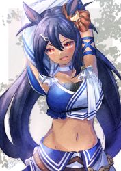 Rule 34 | 1girl, :d, animal ears, arms up, black hair, blush, breasts, cleavage, commentary request, dark-skinned female, dark skin, fang, hair between eyes, hair ornament, hairclip, highres, hishi amazon (umamusume), horse ears, ittokyu, long hair, looking at viewer, medium breasts, navel, open mouth, red eyes, skirt, smile, solo, umamusume, v-shaped eyebrows, very long hair, white skirt
