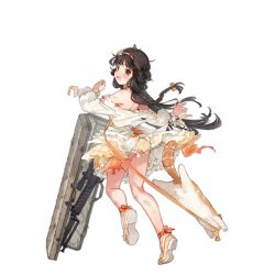Rule 34 | 1girl, animal, ankle ribbon, ass peek, back, black hair, blush, bow, braid, brown eyes, bullpup, cat, cat testicles, clothing request, colored shoe soles, dress, flower, food, french braid, from behind, full body, girls&#039; frontline, gun, hair bow, hair flower, hair ornament, hairband, imoko (imonatsuki), kneepits, leg ribbon, long hair, long sleeves, looking at viewer, looking back, no socks, off shoulder, official alternate costume, official art, open mouth, orange bow, orange dress, orange hairband, orange ribbon, qbu-88, qbu-88 (explorer of the wild) (girls&#039; frontline), qbu-88 (girls&#039; frontline), ribbon, rifle, scope, shoe soles, simple background, sleeveless, sleeveless dress, sniper rifle, solo, standing, standing on one leg, teeth, torn clothes, transparent background, upper teeth only, waist bow, wardrobe malfunction, weapon, weapon case, yellow footwear