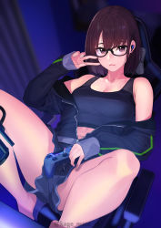 Rule 34 | 1girl, absurdres, artist name, bare shoulders, black-framed eyewear, blurry, blurry background, blush, breasts, brown eyes, brown hair, chair, cleavage, collarbone, commentary request, controller, earphones, fingernails, glasses, hair ornament, hand up, highres, holding, indoors, jacket, joystick, kagematsuri, lips, long sleeves, looking at viewer, medium breasts, mole, mole under mouth, navel, off shoulder, original, parted lips, playstation controller, rgb lights, short hair, shorts, simple background, sitting, sleeves past wrists, smile, solo, unzipped, watermark, x hair ornament