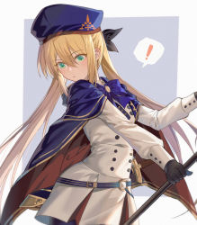 Rule 34 | !, 1girl, absurdres, artoria caster (fate), artoria caster (second ascension) (fate), artoria pendragon (fate), bad id, bad twitter id, blonde hair, blush, cowboy shot, fate/grand order, fate (series), gloves, green eyes, hair between eyes, hat, highres, long hair, pantyhose, sheath, sheathed, solo, speech bubble, standing, sword, twintails, weapon, yorukun