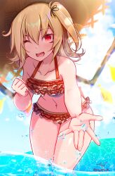 Rule 34 | 1girl, absurdres, baileys (tranquillity650), bare arms, bare legs, bare shoulders, bikini, blonde hair, blush, crystal, flandre scarlet, frilled bikini, frills, hair between eyes, hat, highres, long hair, navel, one eye closed, open mouth, red bikini, red eyes, side ponytail, smile, solo, sun hat, swimsuit, thick thighs, thighs, touhou, water, wings