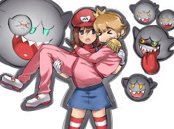 Rule 34 | &gt; &lt;, 1boy, 1girl, :o, :p, blonde hair, blue eyes, boo (mario), brown hair, carrying, closed eyes, dress, epaulettes, ge-b, genderswap, genderswap (ftm), genderswap (mtf), ghost, gloves, hat, highres, long tongue, mario, mario (series), nintendo, open mouth, overalls, pink dress, princess carry, princess peach, role reversal, scared, sharp teeth, striped clothes, striped thighhighs, super mario bros. 3, teeth, thighhighs, tongue, tongue out, wavy mouth