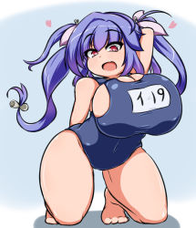Rule 34 | 1girl, arm behind head, blue hair, breasts, curvy, female focus, full body, hair ornament, hair ribbon, huge breasts, i-19 (kancolle), kantai collection, kneeling, long hair, long twintails, moyashi udon, open mouth, red eyes, ribbon, school swimsuit, simple background, solo, swimsuit, twintails, wide hips