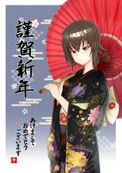 Rule 34 | 1girl, akeome, black kimono, brown eyes, brown hair, closed mouth, commentary, depayama (depaty), egasumi, floral print, furisode, girls und panzer, happy new year, highres, holding, holding umbrella, japanese clothes, kimono, light smile, long sleeves, looking at viewer, new year, nishizumi maho, obi, oil-paper umbrella, sash, short hair, smile, solo, standing, translated, umbrella, wide sleeves