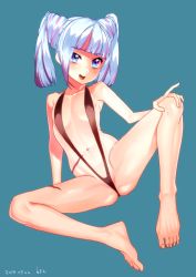 Rule 34 | 1girl, barefoot, blue background, blue eyes, blue hair, breasts, dated, feet, female focus, ishida-masamune kiriko, multicolored hair, navel, open mouth, partially visible vulva, purple hair, rokkotsu, scar, shinken!!, simple background, slingshot swimsuit, small breasts, solo, swimsuit, toes