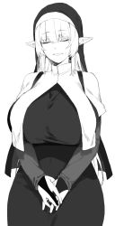 Rule 34 | 1girl, breasts, bridal gauntlets, closed eyes, commentary request, dress, elf, facing viewer, greyscale, habit, hair between eyes, highres, huge breasts, long hair, long sleeves, mature female, mole, mole under eye, monochrome, nun, original, own hands together, pointy ears, simple background, smile, solo, standing, traditional nun, very long hair, xiangzi box